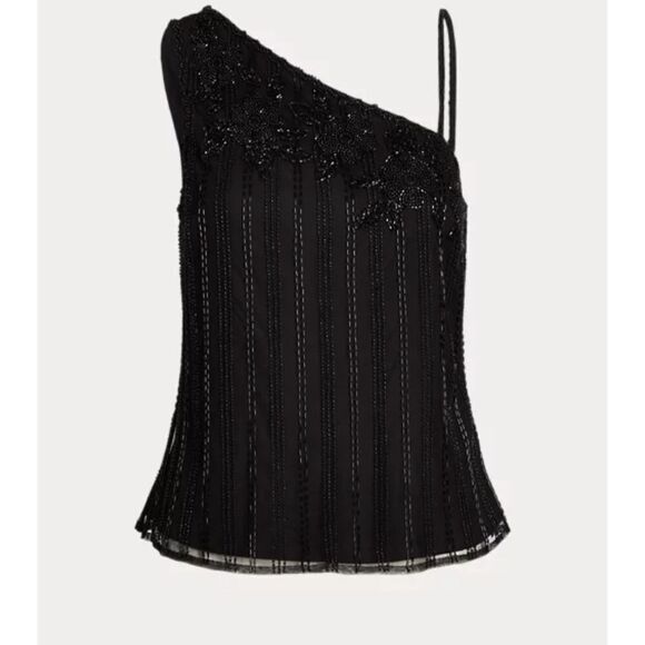 Lauren Ralph Lauren Black Label Beaded Mesh One Shoulder Camisole, L - Picture 3 of 14